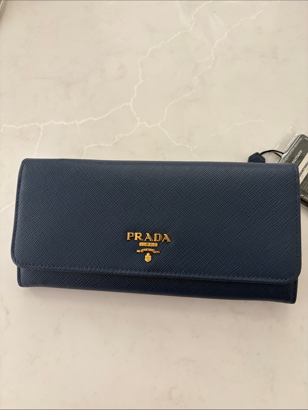 Prada Saffiano Leather Continental Wallet in Navy with Gold Logo